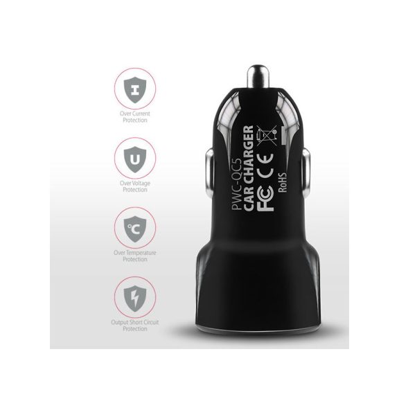 Autós töltő Axagon PWC-QC5 USB Type-A 2 port QuickCharge + SmartCharge 31,5W Fekete