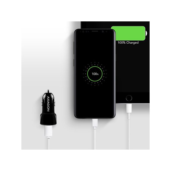 Autós töltő Axagon PWC-QC5 USB Type-A 2 port QuickCharge + SmartCharge 31,5W Fekete