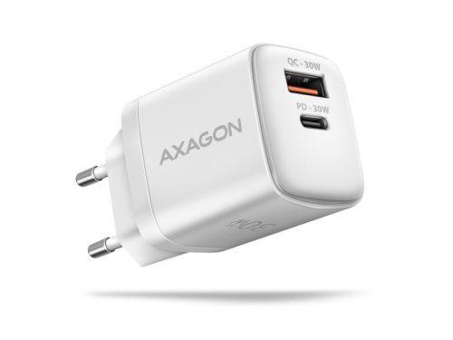 Hálózati töltő Axagon 1x USB-C és 1x USB-A, 30W PD3.0/QC3.0/AFC/Apple, fehér