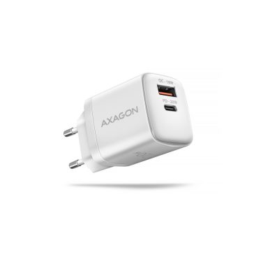   Hálózati töltő Axagon ACU-PQ20W 1x USB-C, 1x USB-A, PD3.0/QC4+/AFC/FCP/Appple, 22 W, fehér