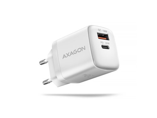Hálózati töltő Axagon ACU-PQ20W 1x USB-C, 1x USB-A, PD3.0/QC4+/AFC/FCP/Appple, 22 W, fehér