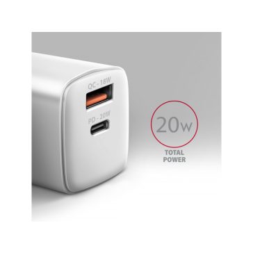   Hálózati töltő Axagon ACU-PQ20W 1x USB-C, 1x USB-A, PD3.0/QC4+/AFC/FCP/Appple, 22 W, fehér