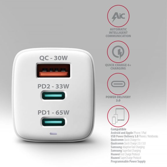 Axagon ACU-DPQ65W GaN hálózati töltő, 65W, USB-C PD, QC4, fehér