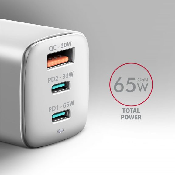 Axagon ACU-DPQ65W GaN hálózati töltő, 65W, USB-C PD, QC4, fehér