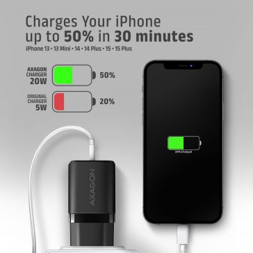   Axagon ACU-PQ20 hálózati töltő, 20W, USB-C PD, QC4, fekete