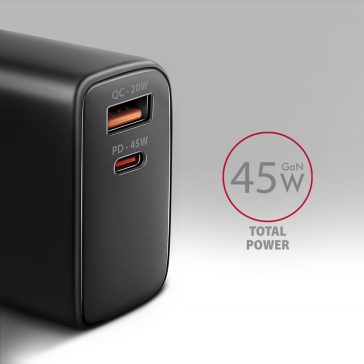   Axagon ACU-PQ45 GaN hálózati töltő, 45W, USB-C PD3.0, QC4, fekete