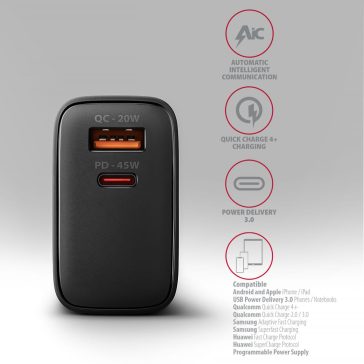   Axagon ACU-PQ45 GaN hálózati töltő, 45W, USB-C PD3.0, QC4, fekete