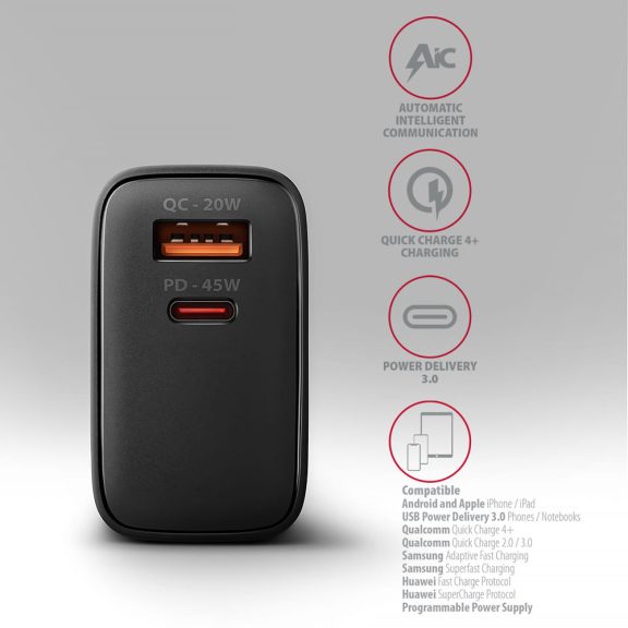 Axagon ACU-PQ45 GaN hálózati töltő, 45W, USB-C PD3.0, QC4, fekete