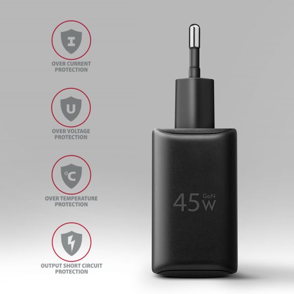 Axagon ACU-PQ45 GaN hálózati töltő, 45W, USB-C PD3.0, QC4, fekete