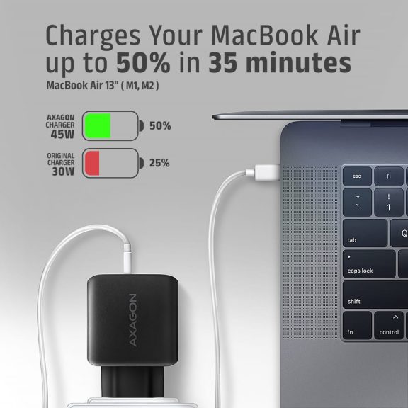 Axagon ACU-PQ45 GaN hálózati töltő, 45W, USB-C PD3.0, QC4, fekete