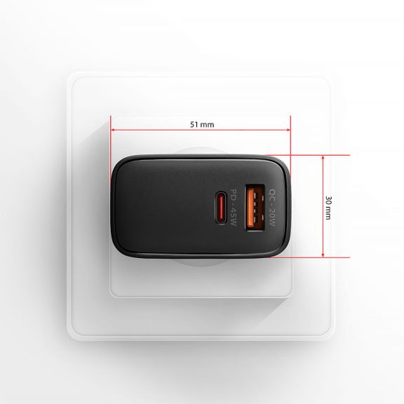 Axagon ACU-PQ45 GaN hálózati töltő, 45W, USB-C PD3.0, QC4, fekete