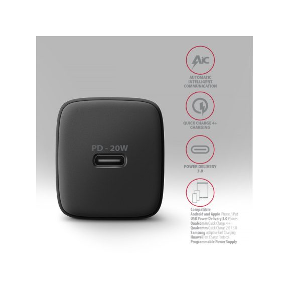 Hálózati töltő AXAGON ACU-PD20 PD3.0 & QC4+ 20W Fekete