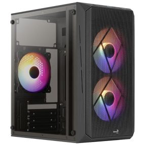   AeroCool CS-107 v2 microATX minitorony számítógépház, 3 FRGB ventilátor, akril oldallap, fekete
