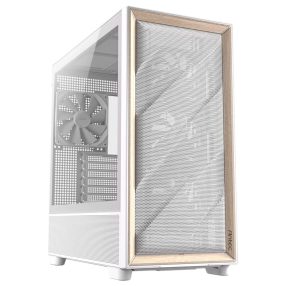 Antec Flux White mid-tower ház fa betétes mesh előlappal, 5 PWM ventilátorral és edzett üveg oldallappal.