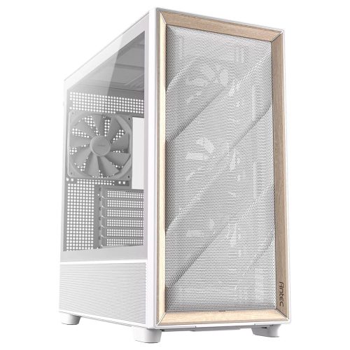 Antec Flux White mid-tower ház fa betétes mesh előlappal, 5 PWM ventilátorral és edzett üveg oldallappal.