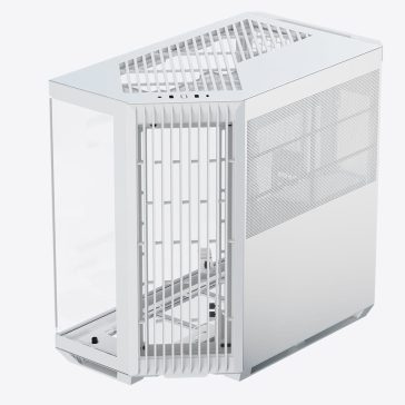 APNX V1 fehér mid-tower ház panorámás edzett üveg oldallappal és 45°-os szögű légbeömlővel.