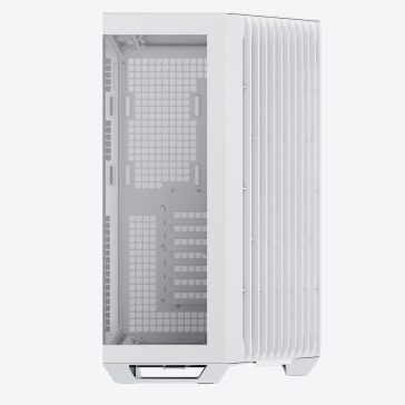 APNX V1 fehér mid-tower ház panorámás edzett üveg oldallappal és 45°-os szögű légbeömlővel.