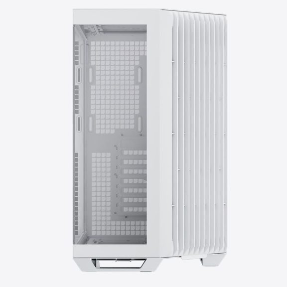 APNX V1 fehér mid-tower ház panorámás edzett üveg oldallappal és 45°-os szögű légbeömlővel.