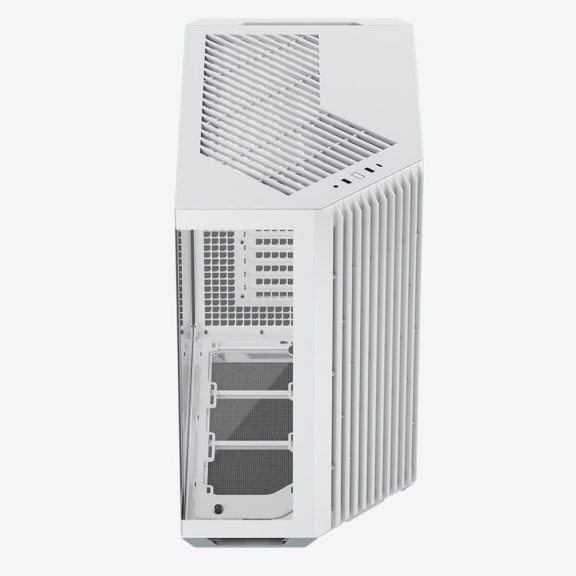 APNX V1 fehér mid-tower ház panorámás edzett üveg oldallappal és 45°-os szögű légbeömlővel.