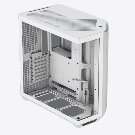 APNX V1 fehér mid-tower ház panorámás edzett üveg oldallappal és 45°-os szögű légbeömlővel.