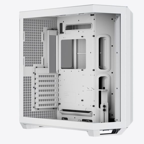 APNX V1 fehér mid-tower ház panorámás edzett üveg oldallappal és 45°-os szögű légbeömlővel.