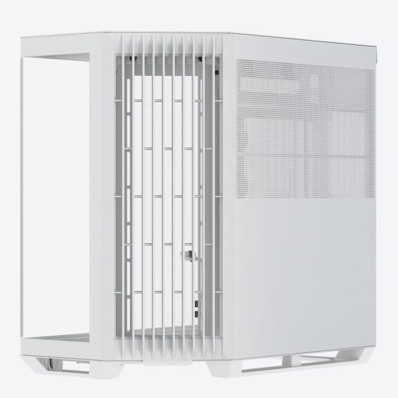 APNX V1 fehér mid-tower ház panorámás edzett üveg oldallappal és 45°-os szögű légbeömlővel.