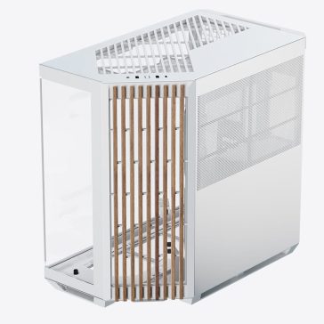 APNX V1 fehér-fa mid-tower ház panorámás edzett üveg oldallappal és 45°-os szögű légbeömlővel.