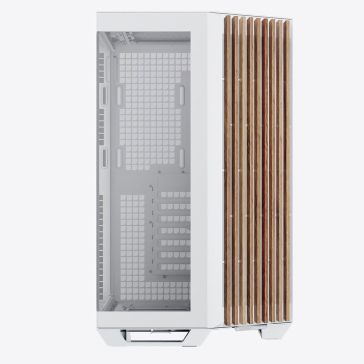 APNX V1 fehér-fa mid-tower ház panorámás edzett üveg oldallappal és 45°-os szögű légbeömlővel.