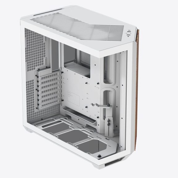 APNX V1 fehér-fa mid-tower ház panorámás edzett üveg oldallappal és 45°-os szögű légbeömlővel.