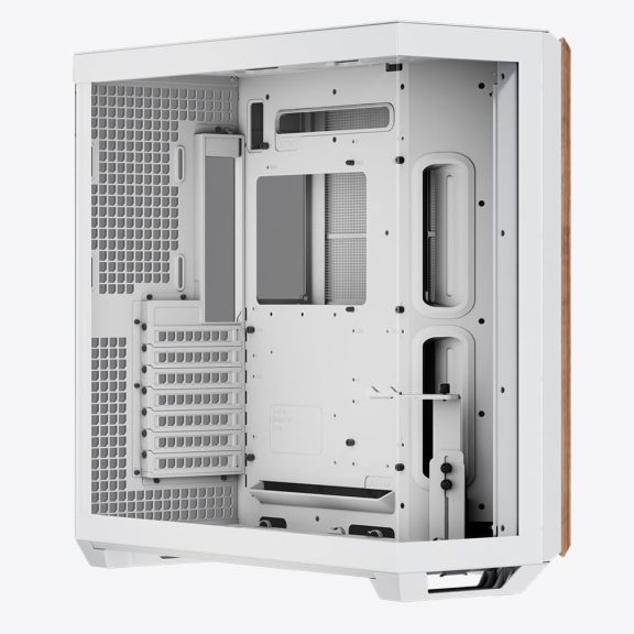 APNX V1 fehér-fa mid-tower ház panorámás edzett üveg oldallappal és 45°-os szögű légbeömlővel.