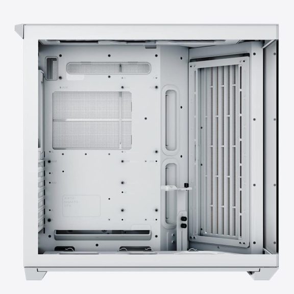 APNX V1 fehér-fa mid-tower ház panorámás edzett üveg oldallappal és 45°-os szögű légbeömlővel.