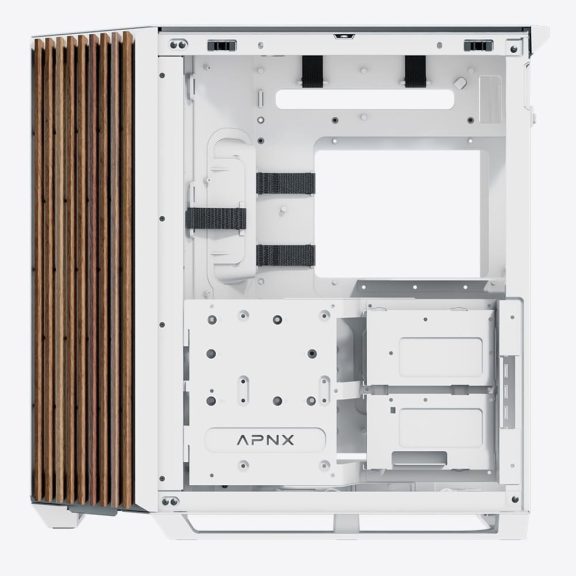 APNX V1 fehér-fa mid-tower ház panorámás edzett üveg oldallappal és 45°-os szögű légbeömlővel.