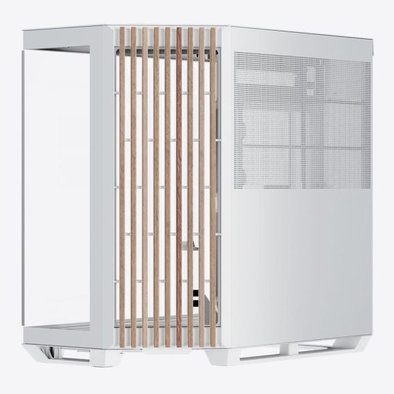 APNX V1 fehér-fa mid-tower ház panorámás edzett üveg oldallappal és 45°-os szögű légbeömlővel.