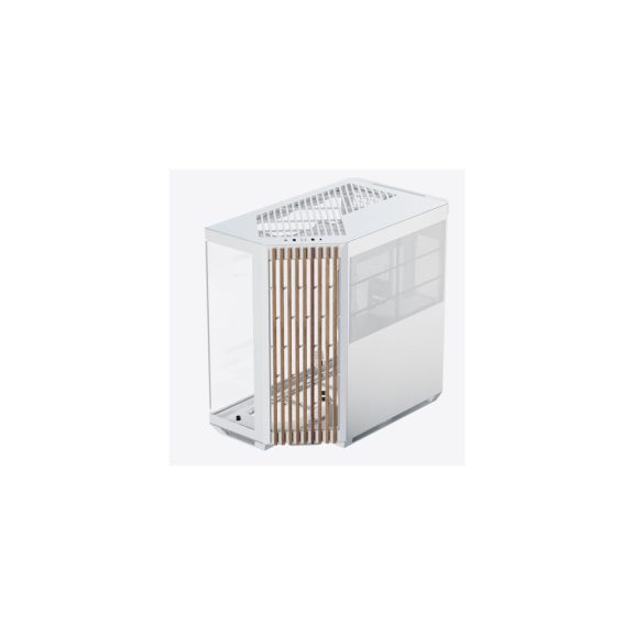 APNX V1 fehér-fa mid-tower ház panorámás edzett üveg oldallappal és 45°-os szögű légbeömlővel.