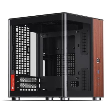   Jonsbo TK-0 miniITX számítógépház, diófa előlap, alu-acél váz, edzett üveg, fekete