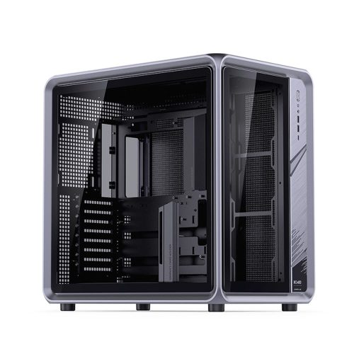 Jonsplus BO400 tempered glass szürke pc ház alumínium vázzal és cserélhető üveg tetőlappal, háromoldalas üveg nézethez.