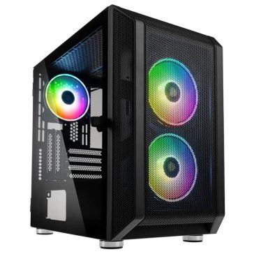 Kolink Citadel Mesh RGB fekete micro-ATX ház teljes mesh előlappal és zsanéros edzett üveg oldallappal.