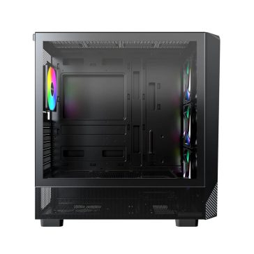 Montech X5 fekete mid-tower ház 4 ARGB ventilátorral és nagy mesh előlappal.