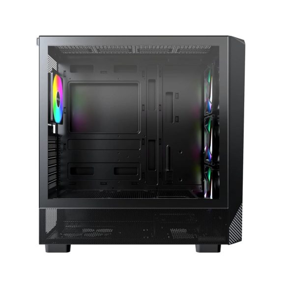 Montech X5 fekete mid-tower ház 4 ARGB ventilátorral és nagy mesh előlappal.