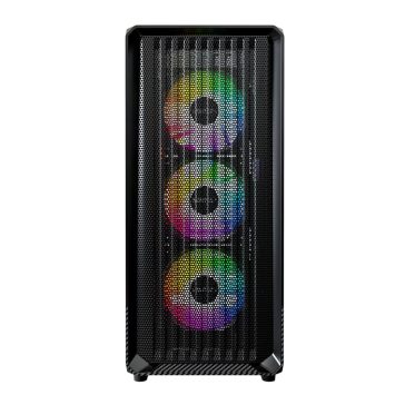 Montech X5 fekete mid-tower ház 4 ARGB ventilátorral és nagy mesh előlappal.