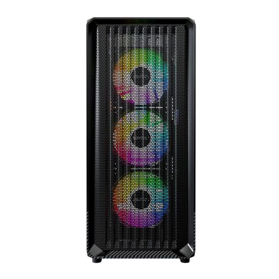 Montech X5 fekete mid-tower ház 4 ARGB ventilátorral és nagy mesh előlappal.