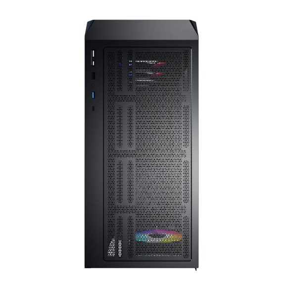 Montech X5 fekete mid-tower ház 4 ARGB ventilátorral és nagy mesh előlappal.