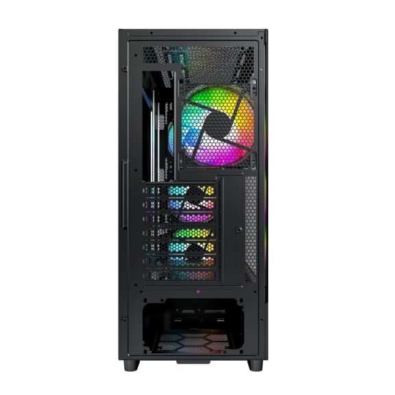 Montech X5 fekete mid-tower ház 4 ARGB ventilátorral és nagy mesh előlappal.