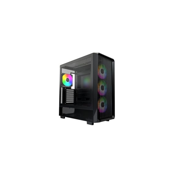 Montech X5 fekete mid-tower ház 4 ARGB ventilátorral és nagy mesh előlappal.