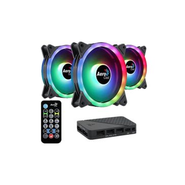   Aerocool Duo 12 Pro házhűtő ventilátor szett, ARGB, 3 db, dupla LED gyűrű, H66F hub, fekete