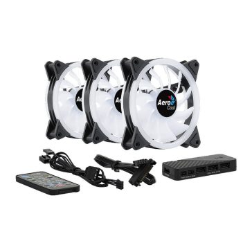   Aerocool Duo 12 Pro házhűtő ventilátor szett, ARGB, 3 db, dupla LED gyűrű, H66F hub, fekete