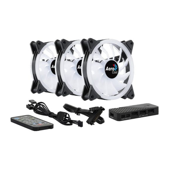 Aerocool Duo 12 Pro házhűtő ventilátor szett, ARGB, 3 db, dupla LED gyűrű, H66F hub, fekete