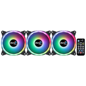   Aerocool Duo 12 Pro házhűtő ventilátor szett, ARGB, 3 db, dupla LED gyűrű, H66F hub, fekete