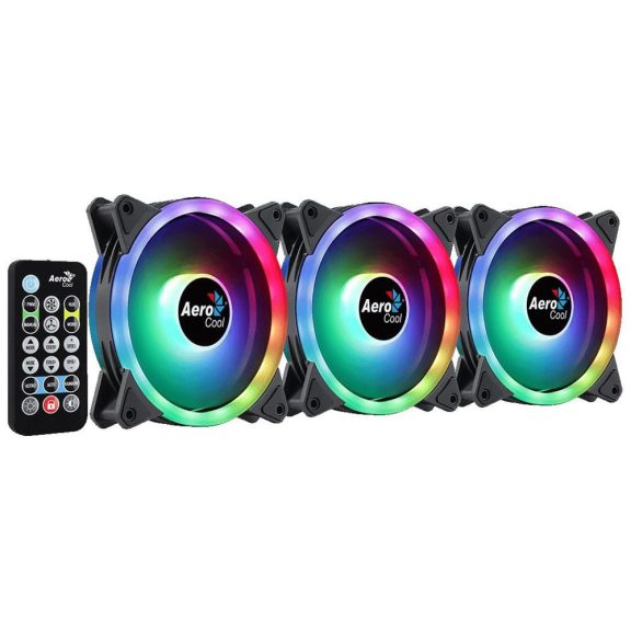 Aerocool Duo 12 Pro házhűtő ventilátor szett, ARGB, 3 db, dupla LED gyűrű, H66F hub, fekete