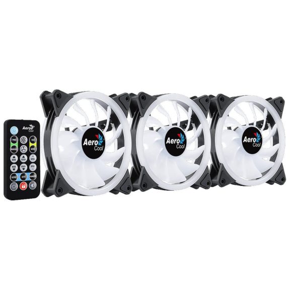 Aerocool Duo 12 Pro házhűtő ventilátor szett, ARGB, 3 db, dupla LED gyűrű, H66F hub, fekete